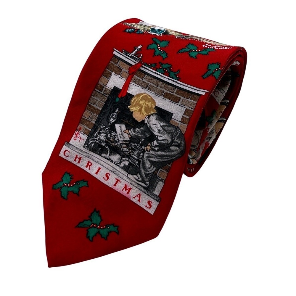 Norman Rockwell Mens Christmas Necktie Red One Size Silk Santa Fireplace Holly